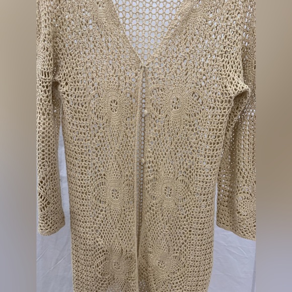 VINTAGE 70’s light tan crochet midi cardigan / boho coverup /open knit sweater - Picture 2 of 6